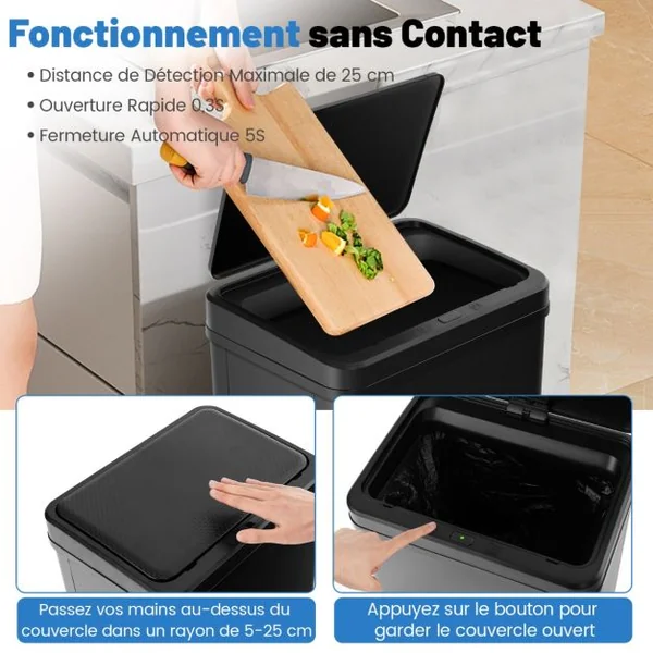 Poubelle en Acier Inoxydable 50 L Poubelle Automatique à Capteur de Mouvement avec Couvercle Maintenu Ouvert et Fermeture Douce Noir/Argent