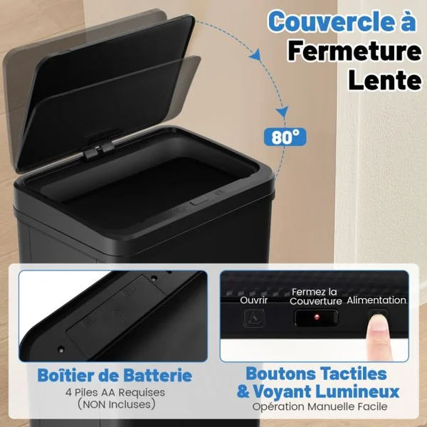 Poubelle en Acier Inoxydable 50 L Poubelle Automatique à Capteur de Mouvement avec Couvercle Maintenu Ouvert et Fermeture Douce Noir/Argent