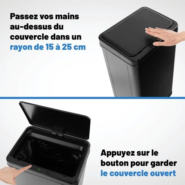 Poubelle en Acier Inoxydable 50 L Poubelle Automatique à Capteur de Mouvement avec Couvercle Maintenu Ouvert et Fermeture Douce Noir/Argent