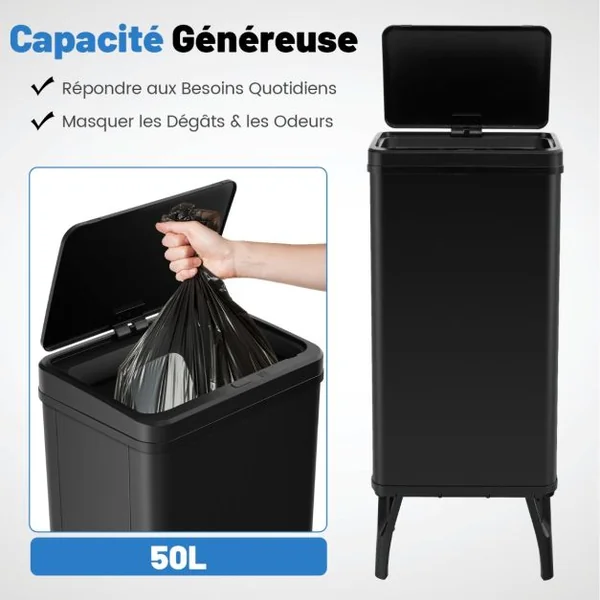 Poubelle en Acier Inoxydable 50 L Poubelle Automatique à Capteur de Mouvement avec Couvercle Maintenu Ouvert et Fermeture Douce Noir/Argent