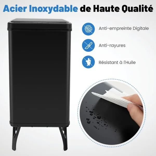 Poubelle en Acier Inoxydable 50 L Poubelle Automatique à Capteur de Mouvement avec Couvercle Maintenu Ouvert et Fermeture Douce Noir/Argent