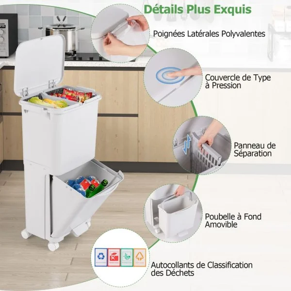 Poubelle à 2 Niveaux Poubelle de Cuisine avec Bac Inférieur Incliné Roues Verrouillables Design Élevé Autocollants de Tri Capacité de 40L