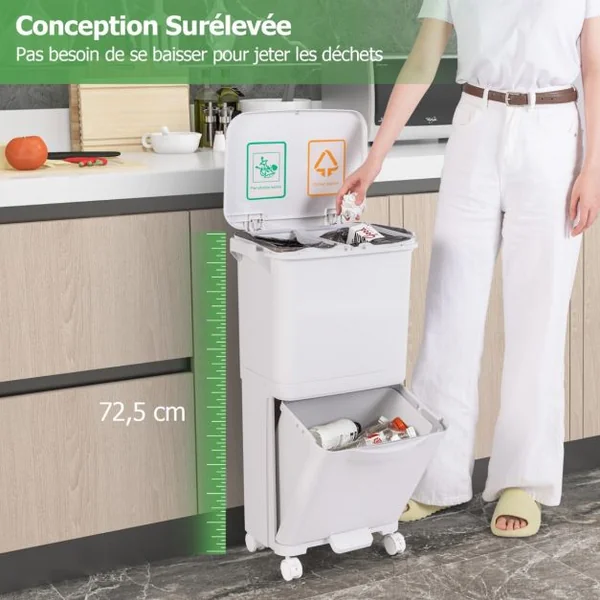 Poubelle à 2 Niveaux Poubelle de Cuisine avec Bac Inférieur Incliné Roues Verrouillables Design Élevé Autocollants de Tri Capacité de 40L
