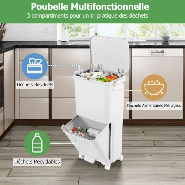 Poubelle à 2 Niveaux Poubelle de Cuisine avec Bac Inférieur Incliné Roues Verrouillables Design Élevé Autocollants de Tri Capacité de 40L