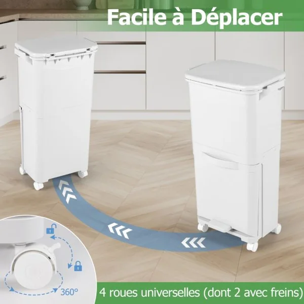 Poubelle à 2 Niveaux Poubelle de Cuisine avec Bac Inférieur Incliné Roues Verrouillables Design Élevé Autocollants de Tri Capacité de 40L