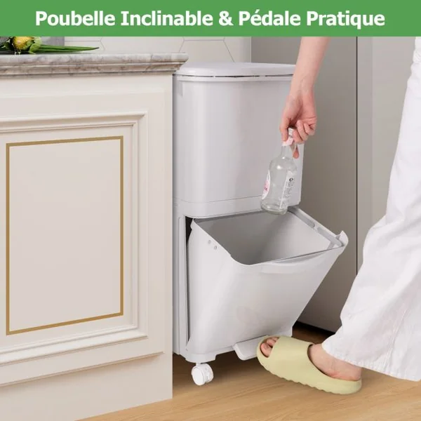 Poubelle à 2 Niveaux Poubelle de Cuisine avec Bac Inférieur Incliné Roues Verrouillables Design Élevé Autocollants de Tri Capacité de 40L
