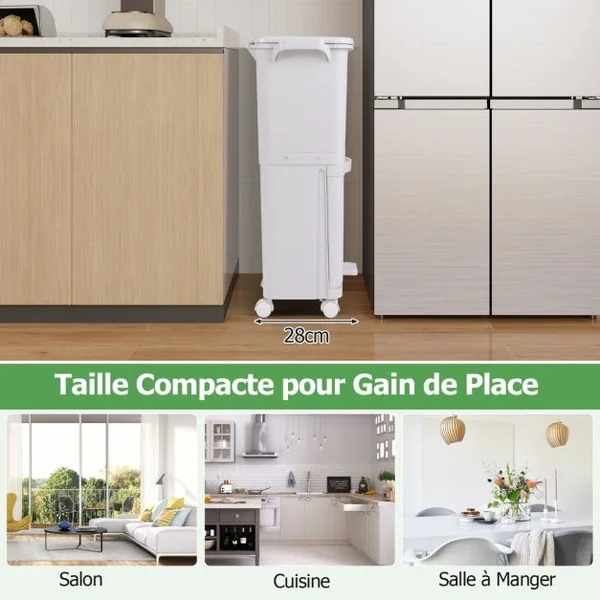Poubelle à 2 Niveaux Poubelle de Cuisine avec Bac Inférieur Incliné Roues Verrouillables Design Élevé Autocollants de Tri Capacité de 40L