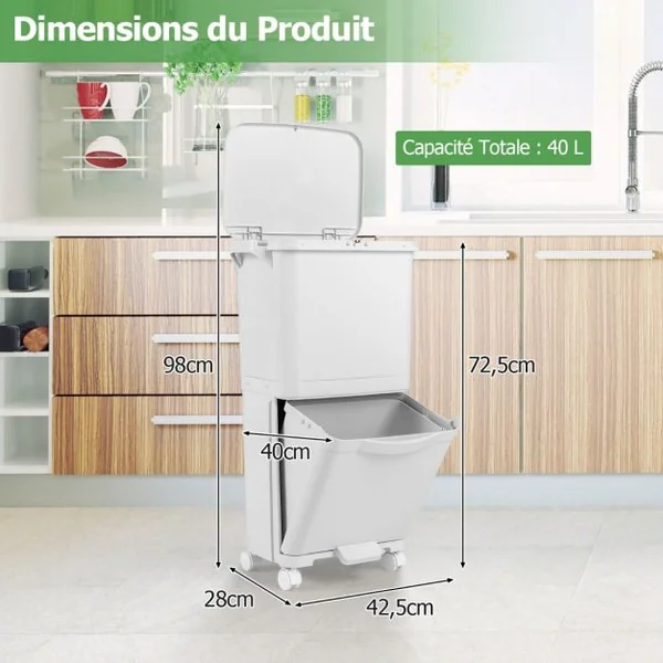 Poubelle à 2 Niveaux Poubelle de Cuisine avec Bac Inférieur Incliné Roues Verrouillables Design Élevé Autocollants de Tri Capacité de 40L