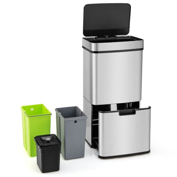 Poubelle à Détecteur de Mouvement en Acier Inoxydable 72 L Poubelle de Cuisine et 2 Bacs de Recyclage Amovibles Sans Contact Anti-empreintes