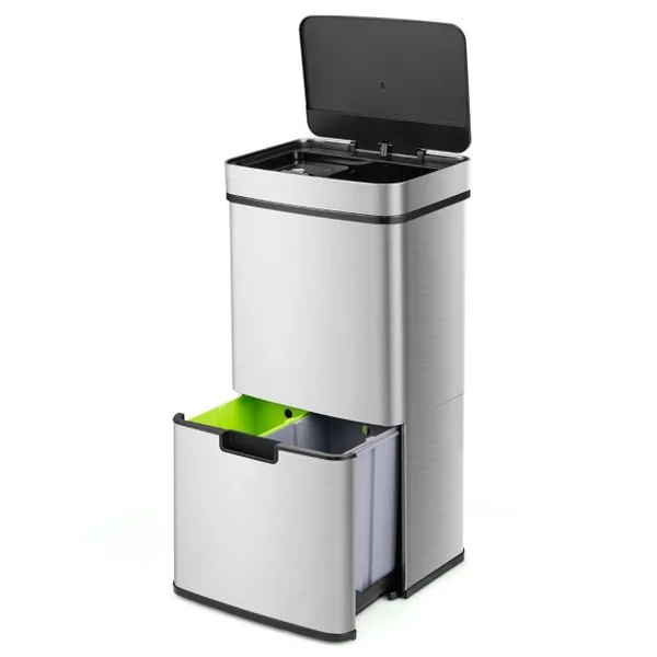 Poubelle à Détecteur de Mouvement en Acier Inoxydable 72 L Poubelle de Cuisine et 2 Bacs de Recyclage Amovibles Sans Contact Anti-empreintes