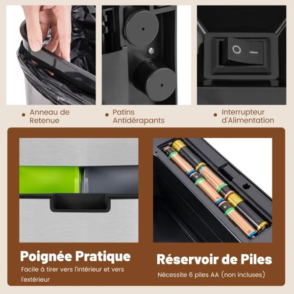 Poubelle à Détecteur de Mouvement en Acier Inoxydable 72 L Poubelle de Cuisine et 2 Bacs de Recyclage Amovibles Sans Contact Anti-empreintes