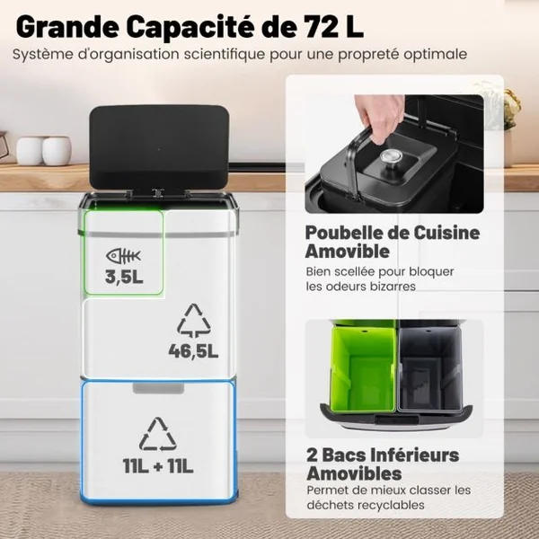 Poubelle à Détecteur de Mouvement en Acier Inoxydable 72 L Poubelle de Cuisine et 2 Bacs de Recyclage Amovibles Sans Contact Anti-empreintes