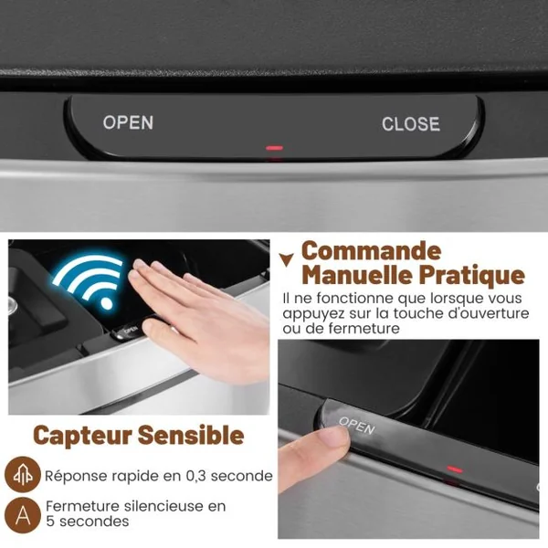 Poubelle à Détecteur de Mouvement en Acier Inoxydable 72 L Poubelle de Cuisine et 2 Bacs de Recyclage Amovibles Sans Contact Anti-empreintes