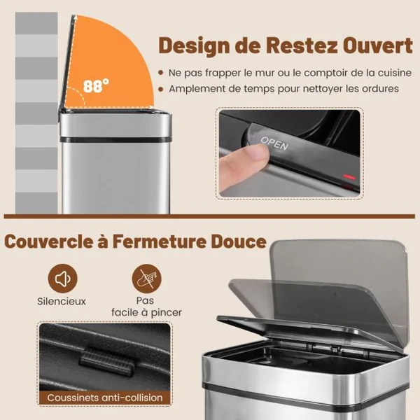 Poubelle à Détecteur de Mouvement en Acier Inoxydable 72 L Poubelle de Cuisine et 2 Bacs de Recyclage Amovibles Sans Contact Anti-empreintes