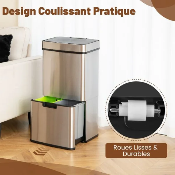 Poubelle à Détecteur de Mouvement en Acier Inoxydable 72 L Poubelle de Cuisine et 2 Bacs de Recyclage Amovibles Sans Contact Anti-empreintes