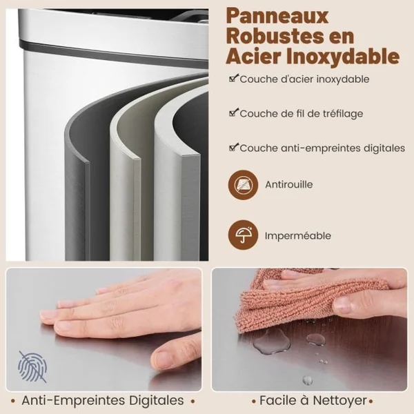 Poubelle à Détecteur de Mouvement en Acier Inoxydable 72 L Poubelle de Cuisine et 2 Bacs de Recyclage Amovibles Sans Contact Anti-empreintes