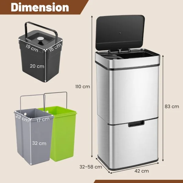 Poubelle à Détecteur de Mouvement en Acier Inoxydable 72 L Poubelle de Cuisine et 2 Bacs de Recyclage Amovibles Sans Contact Anti-empreintes