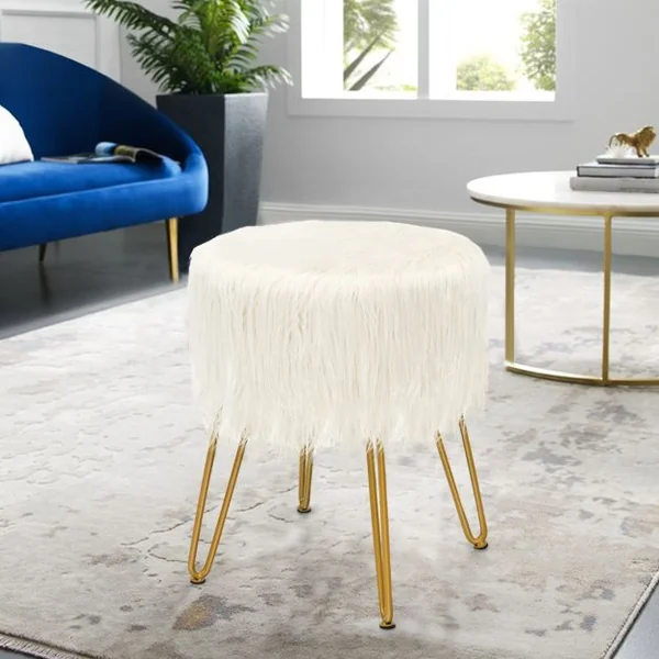 Pouf en Imitation Fourrure avec 4 Pieds en Métal Doré Charge 150 KG Design Compact et Élégant Dia.35, 5 x 46 CM Blanc