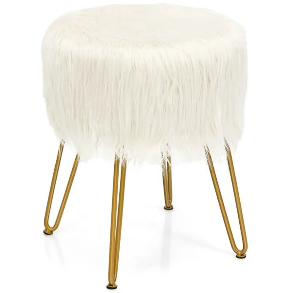 Pouf en Imitation Fourrure avec 4 Pieds en Métal Doré Charge 150 KG Design Compact et Élégant Dia.35, 5 x 46 CM Blanc