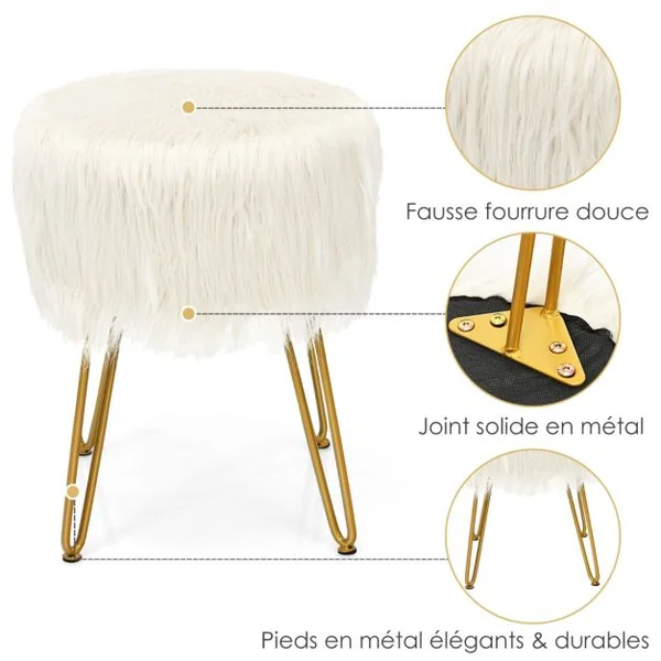 Pouf en Imitation Fourrure avec 4 Pieds en Métal Doré Charge 150 KG Design Compact et Élégant Dia.35, 5 x 46 CM Blanc