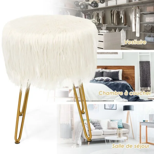 Pouf en Imitation Fourrure avec 4 Pieds en Métal Doré Charge 150 KG Design Compact et Élégant Dia.35, 5 x 46 CM Blanc