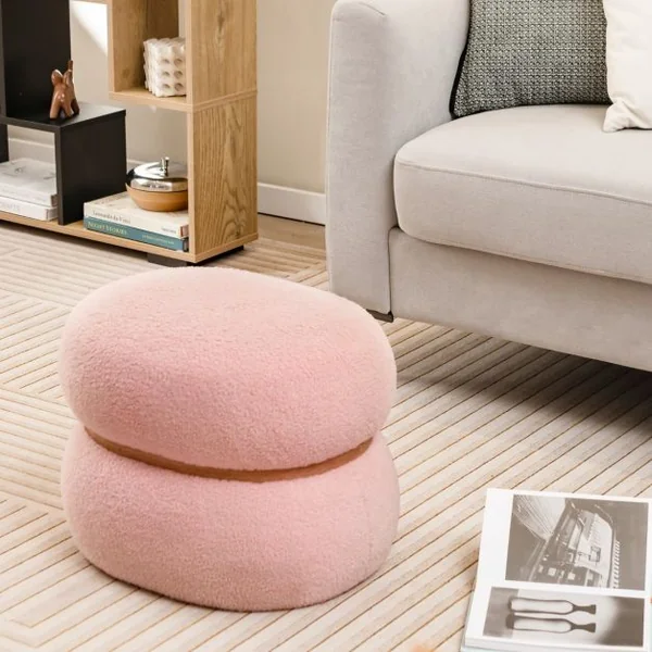 Pouf Ovale Tabouret en Tissu de Sherpa Base Stable et Patins Antidérapants Repose-pieds Polyvalent Rose