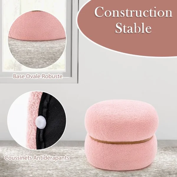 Pouf Ovale Tabouret en Tissu de Sherpa Base Stable et Patins Antidérapants Repose-pieds Polyvalent Rose