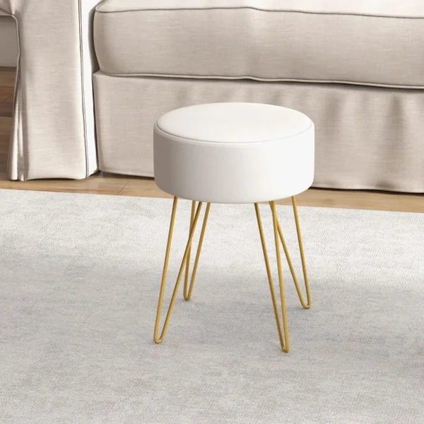Pouf Tabouret Rond Ø39cm en Velours avec Pieds Métalliques Robustes Blanc
