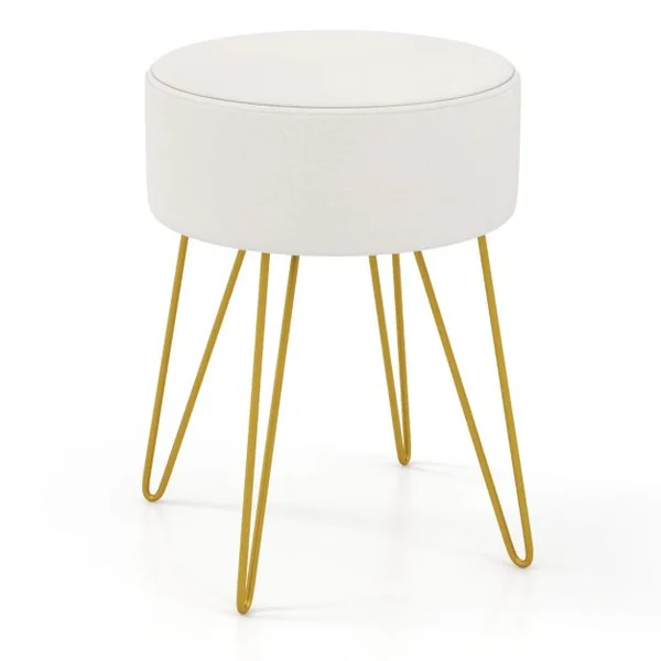 Pouf Tabouret Rond Ø39cm en Velours avec Pieds Métalliques Robustes Blanc