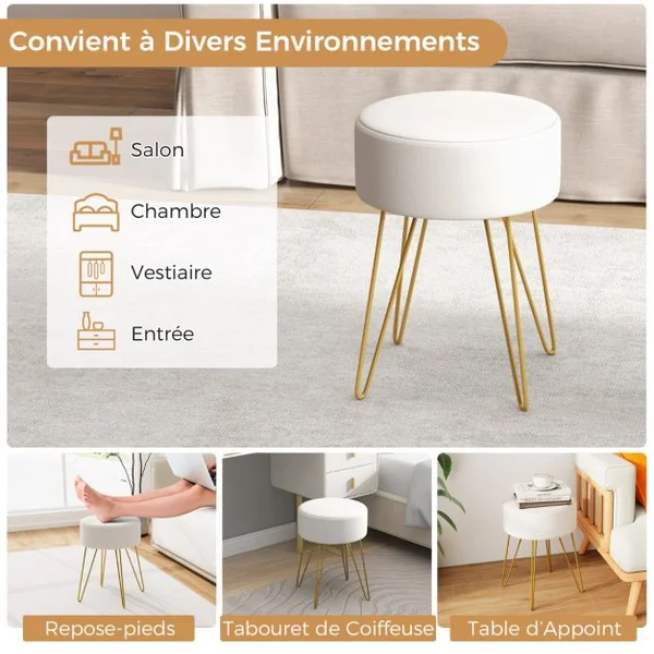 Pouf Tabouret Rond Ø39cm en Velours avec Pieds Métalliques Robustes Blanc