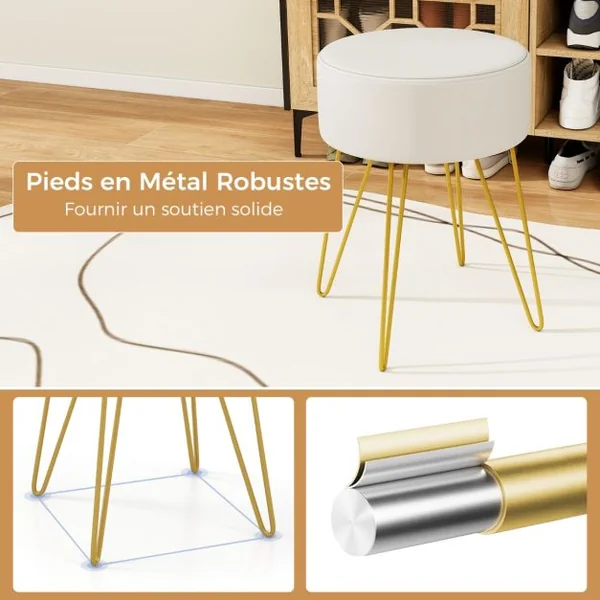 Pouf Tabouret Rond Ø39cm en Velours avec Pieds Métalliques Robustes Blanc