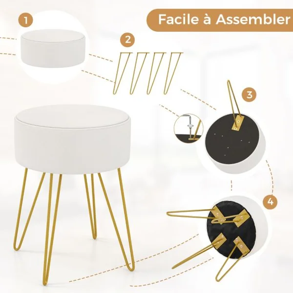 Pouf Tabouret Rond Ø39cm en Velours avec Pieds Métalliques Robustes Blanc