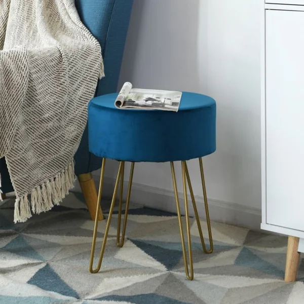 Pouf Tabouret Rond Ø39cm en Velours avec Pieds Métalliques Robustes Bleu Foncé/Gris/Rose