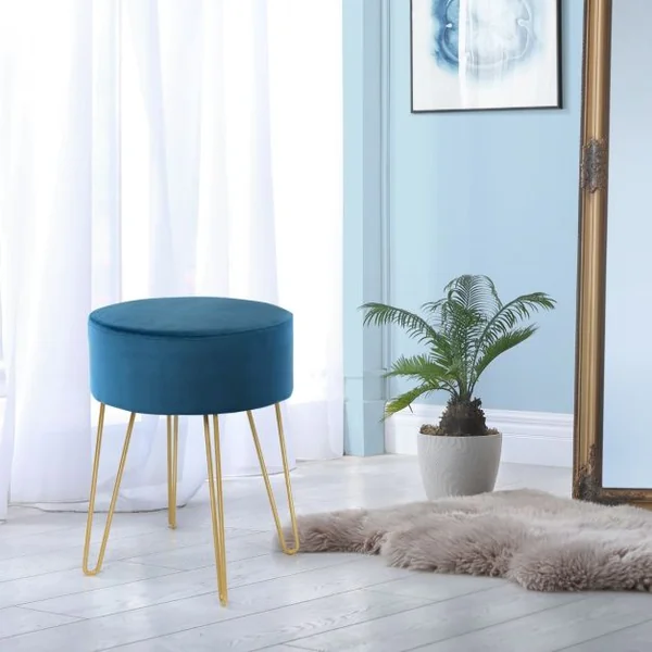 Pouf Tabouret Rond Ø39cm en Velours avec Pieds Métalliques Robustes Bleu Foncé/Gris/Rose