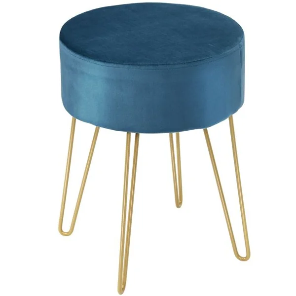 Pouf Tabouret Rond Ø39cm en Velours avec Pieds Métalliques Robustes Bleu Foncé/Gris/Rose