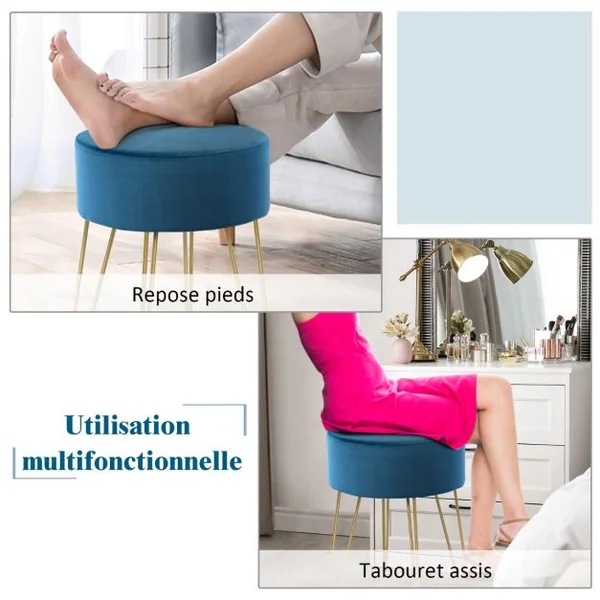 Pouf Tabouret Rond Ø39cm en Velours avec Pieds Métalliques Robustes Bleu Foncé/Gris/Rose