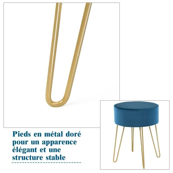 Pouf Tabouret Rond Ø39cm en Velours avec Pieds Métalliques Robustes Bleu Foncé/Gris/Rose