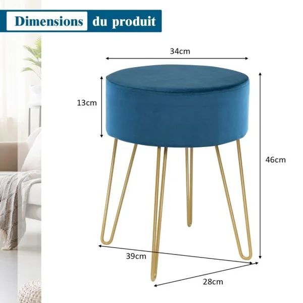 Pouf Tabouret Rond Ø39cm en Velours avec Pieds Métalliques Robustes Bleu Foncé/Gris/Rose