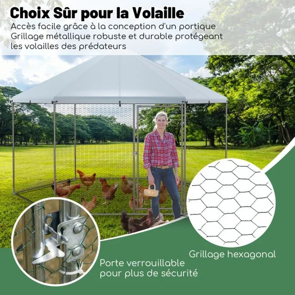 Poulailler en Métal Enclos de Course en Forme de Clocher avec Treillis Métallique Porte Verrouillable et Housse Étanche