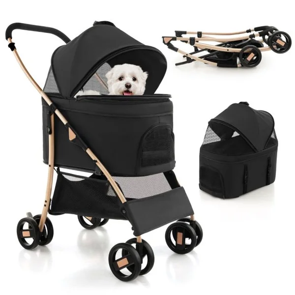 Poussette 3 en 1 pour Animaux Siège de Voiture Amovible Poussette Pliable pour Chien et Chat avec Auvent Réglable à 4 Niveaux Panier de Rangement Bleu/Noir
