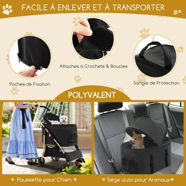 Poussette 3 en 1 pour Animaux Siège de Voiture Amovible Poussette Pliable pour Chien et Chat avec Auvent Réglable à 4 Niveaux Panier de Rangement Bleu/Noir