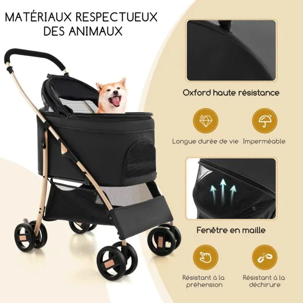 Poussette 3 en 1 pour Animaux Siège de Voiture Amovible Poussette Pliable pour Chien et Chat avec Auvent Réglable à 4 Niveaux Panier de Rangement Bleu/Noir