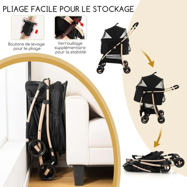 Poussette 3 en 1 pour Animaux Siège de Voiture Amovible Poussette Pliable pour Chien et Chat avec Auvent Réglable à 4 Niveaux Panier de Rangement Bleu/Noir