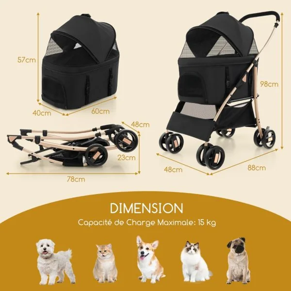 Poussette 3 en 1 pour Animaux Siège de Voiture Amovible Poussette Pliable pour Chien et Chat avec Auvent Réglable à 4 Niveaux Panier de Rangement Bleu/Noir
