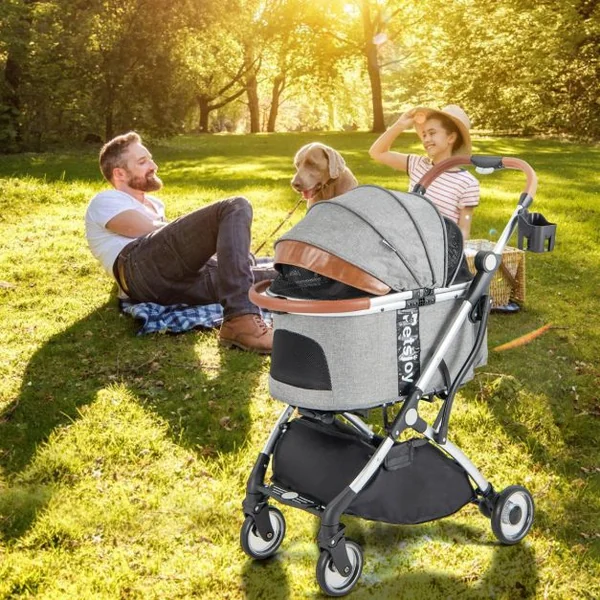 Poussette Buggy Pliable Animaux avec Porte-gobelet Panier de Rangement pour Chat Chien avec Housse Imperméable Pare-soleil Gris