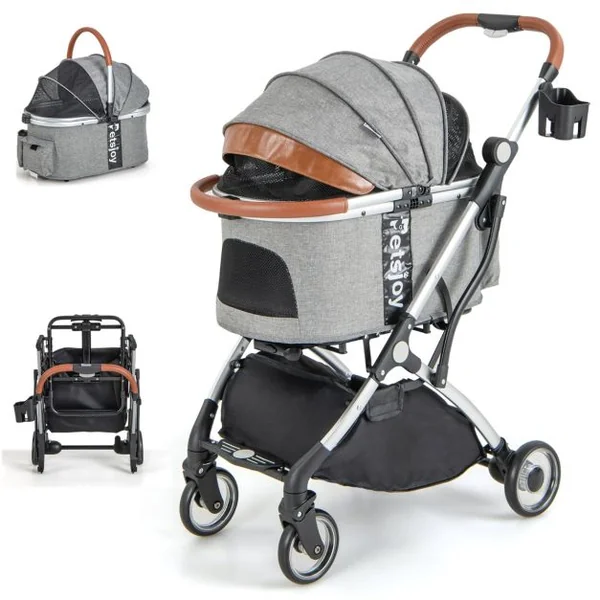 Poussette Buggy Pliable Animaux avec Porte-gobelet Panier de Rangement pour Chat Chien avec Housse Imperméable Pare-soleil Gris