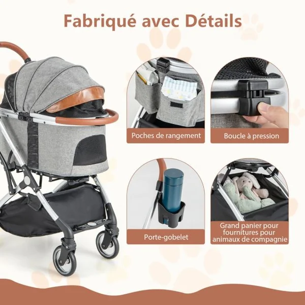 Poussette Buggy Pliable Animaux avec Porte-gobelet Panier de Rangement pour Chat Chien avec Housse Imperméable Pare-soleil Gris