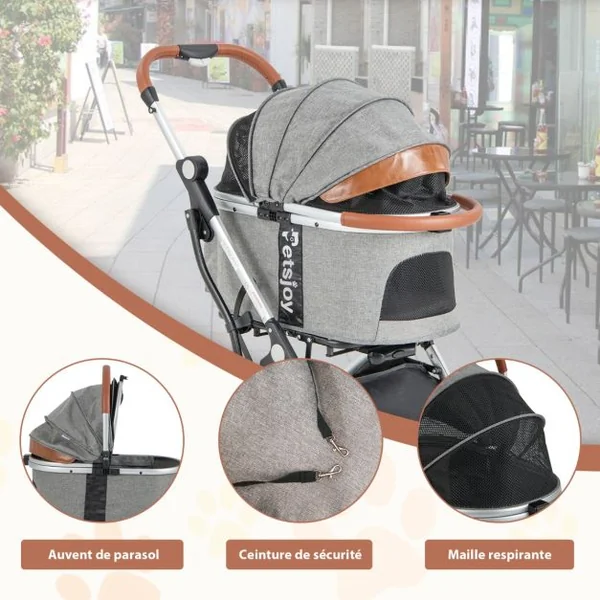 Poussette Buggy Pliable Animaux avec Porte-gobelet Panier de Rangement pour Chat Chien avec Housse Imperméable Pare-soleil Gris