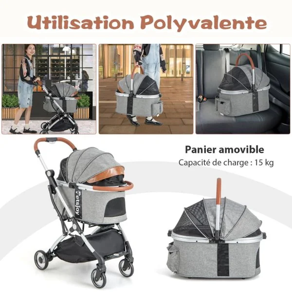 Poussette Buggy Pliable Animaux avec Porte-gobelet Panier de Rangement pour Chat Chien avec Housse Imperméable Pare-soleil Gris