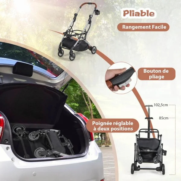 Poussette Buggy Pliable Animaux avec Porte-gobelet Panier de Rangement pour Chat Chien avec Housse Imperméable Pare-soleil Gris